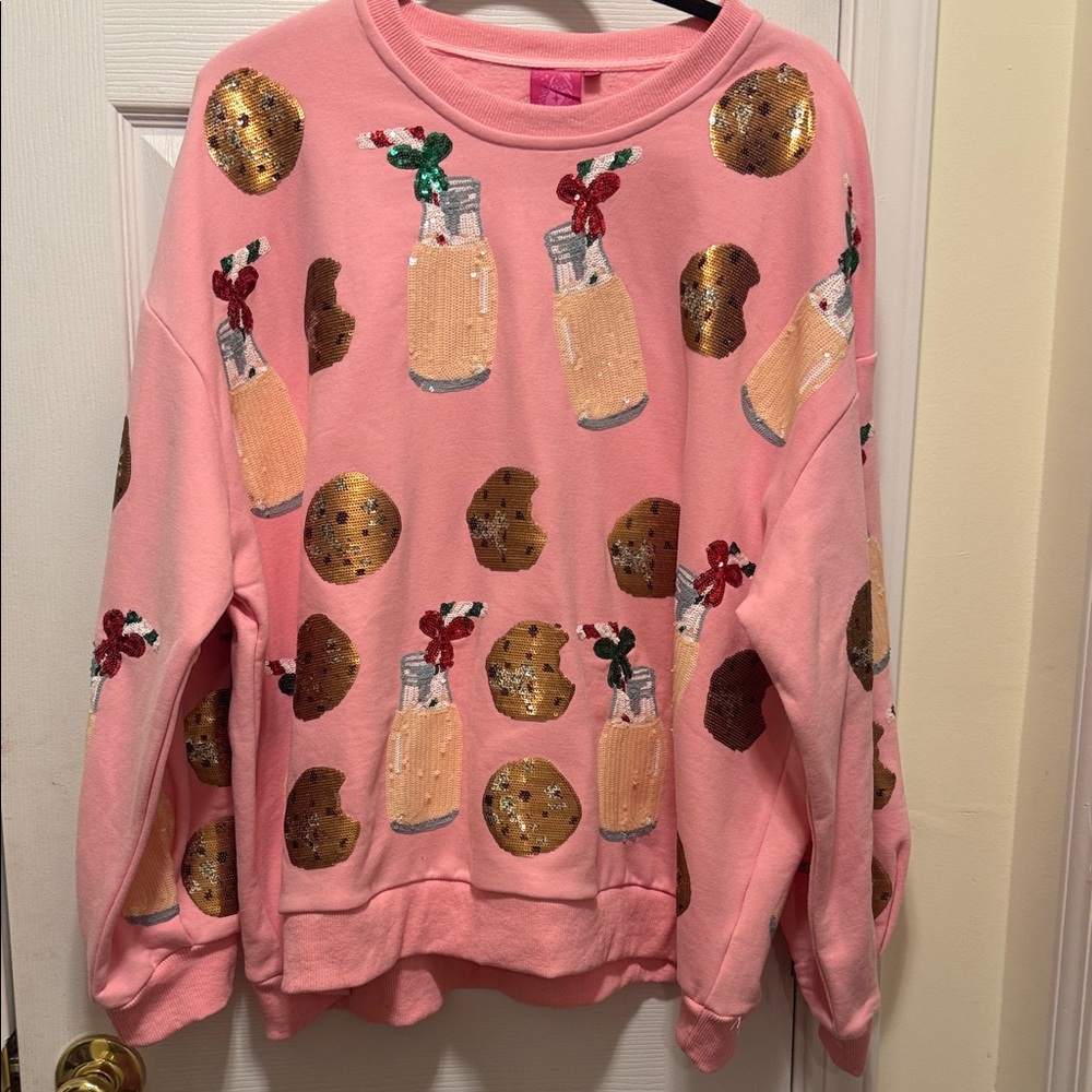 Queen of Sparkles  Sweatshirt with Sequin Cookies and Milk for Santa Pink L NWOT